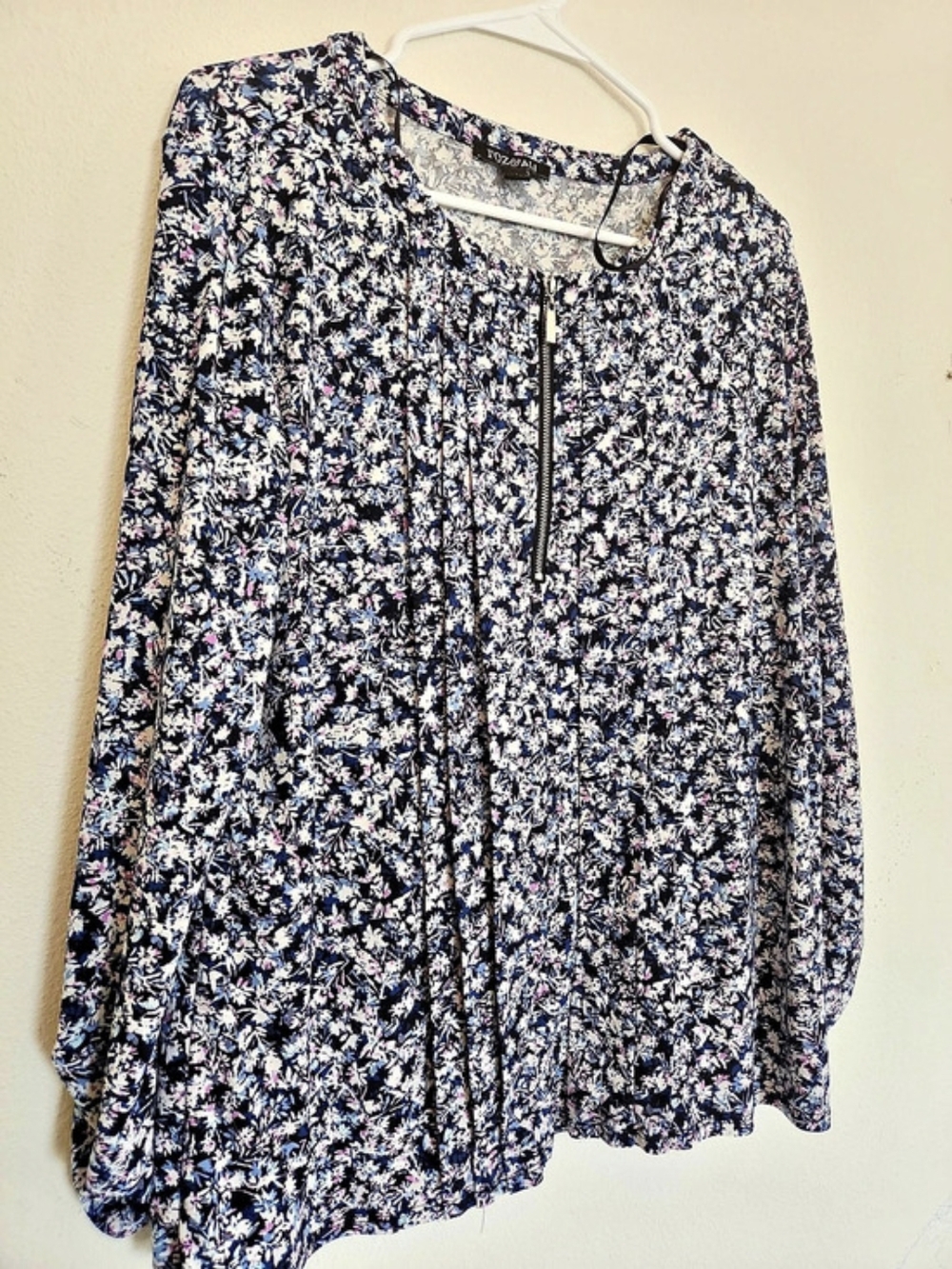 Roz & Ali Long Sleeve Floral Half Zip Pleated Front Blouse Top